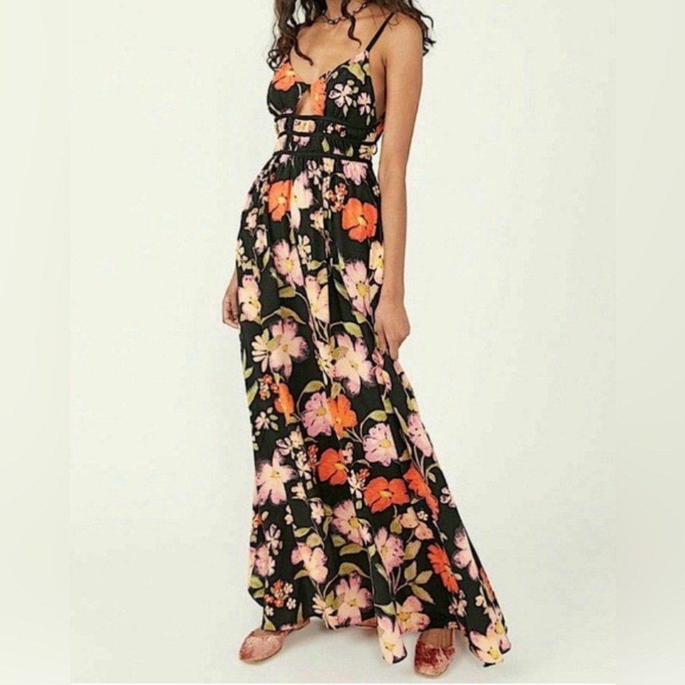 SOLD Free People Wisteria Long Maxi Dress Dark Combo Black Orange Floral